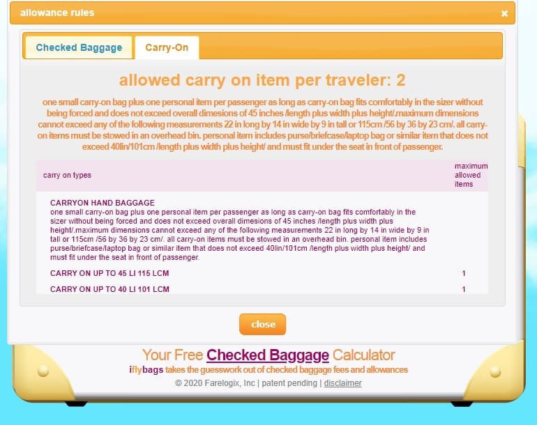 Checked Baggage Calculator on Line 2020