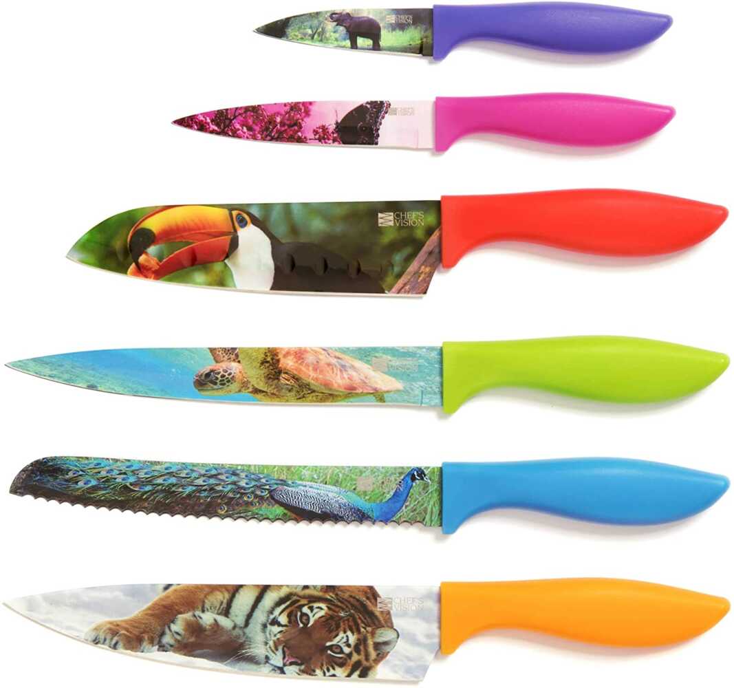 Knives for Kitchen 2021 -Wildlife Kitchen Knife Set in Gift Box   Cool Gifts for Animal Lovers   6-Piece Colorful Chefs Knives Set