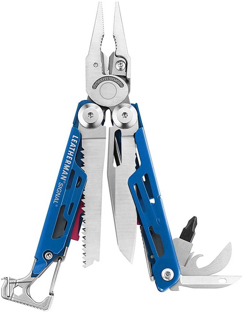 Best Multitools 2022 -  Camping Accessories - LEATHERMAN Multitool Signal Camping Multitool with Fire Starter, Hammer and Emergency Whistle, Blue/Red with Nylon Sheath