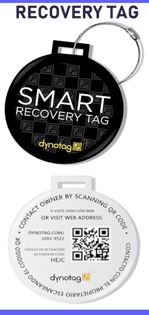 Web Enabled Smart Dlx.Steel Luggage ID Tag+ Steel Loop w. DynoIQ & Lifetime Recovery Service