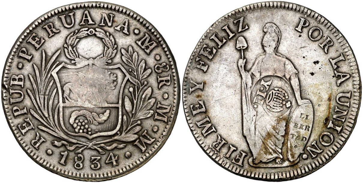 1834. Republic of Peru - Philippine Resealed Coin Under Crown, eal de a 8 de Perú 1834, Lima MM. MBC