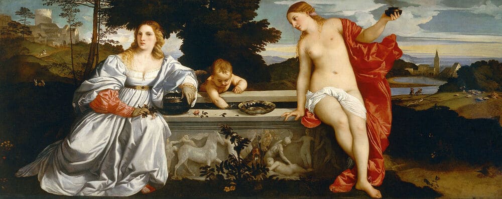 Titian : Sacred Love, Profane Love, 1514 Cupid - venus Nude Artwork