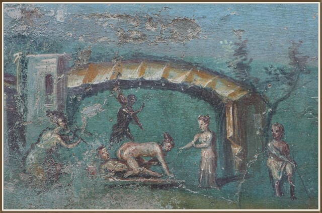 Erotic scene depicted in the Roman fresco in the summer triclinium (Roman dining room) of the House of the Ephebe (Casa dell'Efebo) in the archaeological site of Pompeii (Pompei)