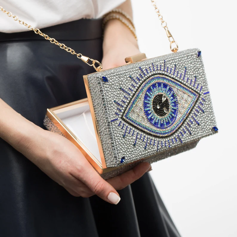Clutch Evil Eye with Swarovski Crystals/ Bling Rhinestone Evening Handbag, Shoulder Bag, Wedding Bag, Gifts for Girlfriend, Her by JeyLux