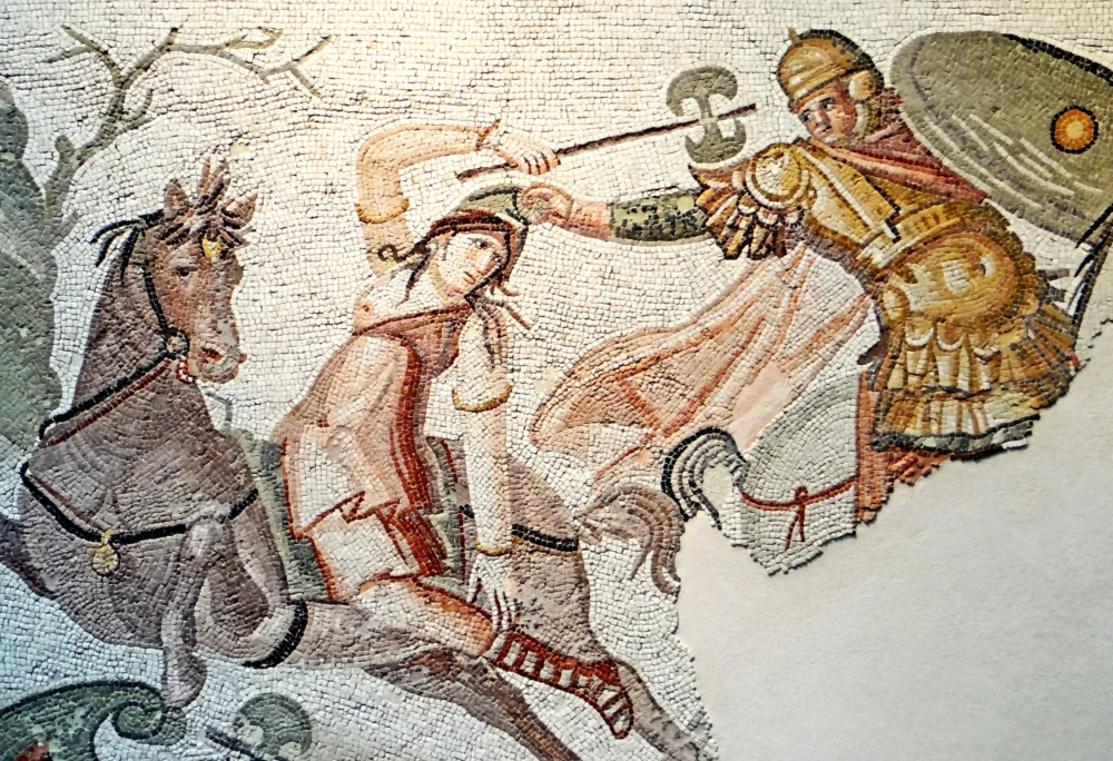Roman mosaic of an Amazon on horseback fighting, From Daphne, a suburb of Antioch, Antakya,