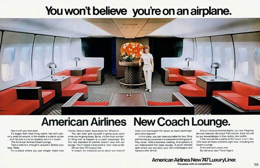 1971 ad for the coach lounge on an American Airlines 747 : r/vintageads